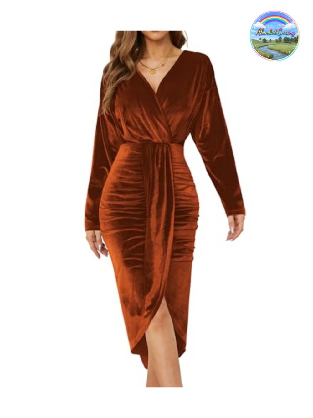 V Neck Long Sleeve Ruched Velvet Midi Dress Sexy Cocktail Party